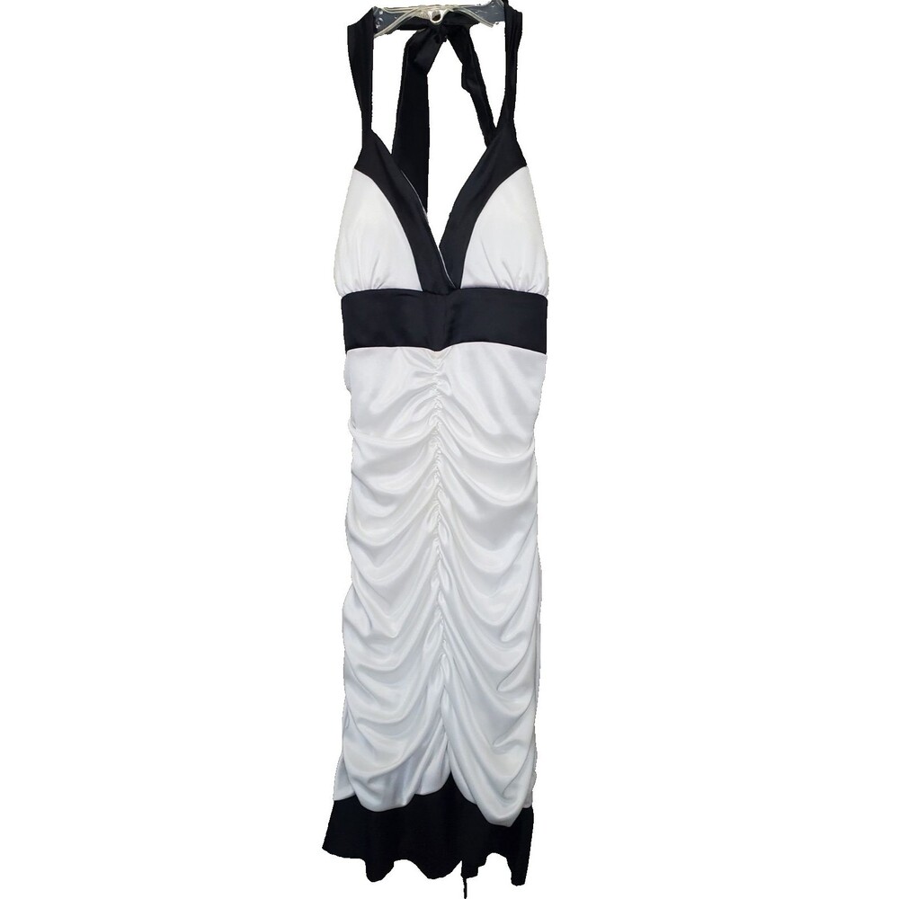 Taboo White w/Black Trim Halter Tie-Neck Ruched Bodycon Dress Size S 90s Y2K VTG